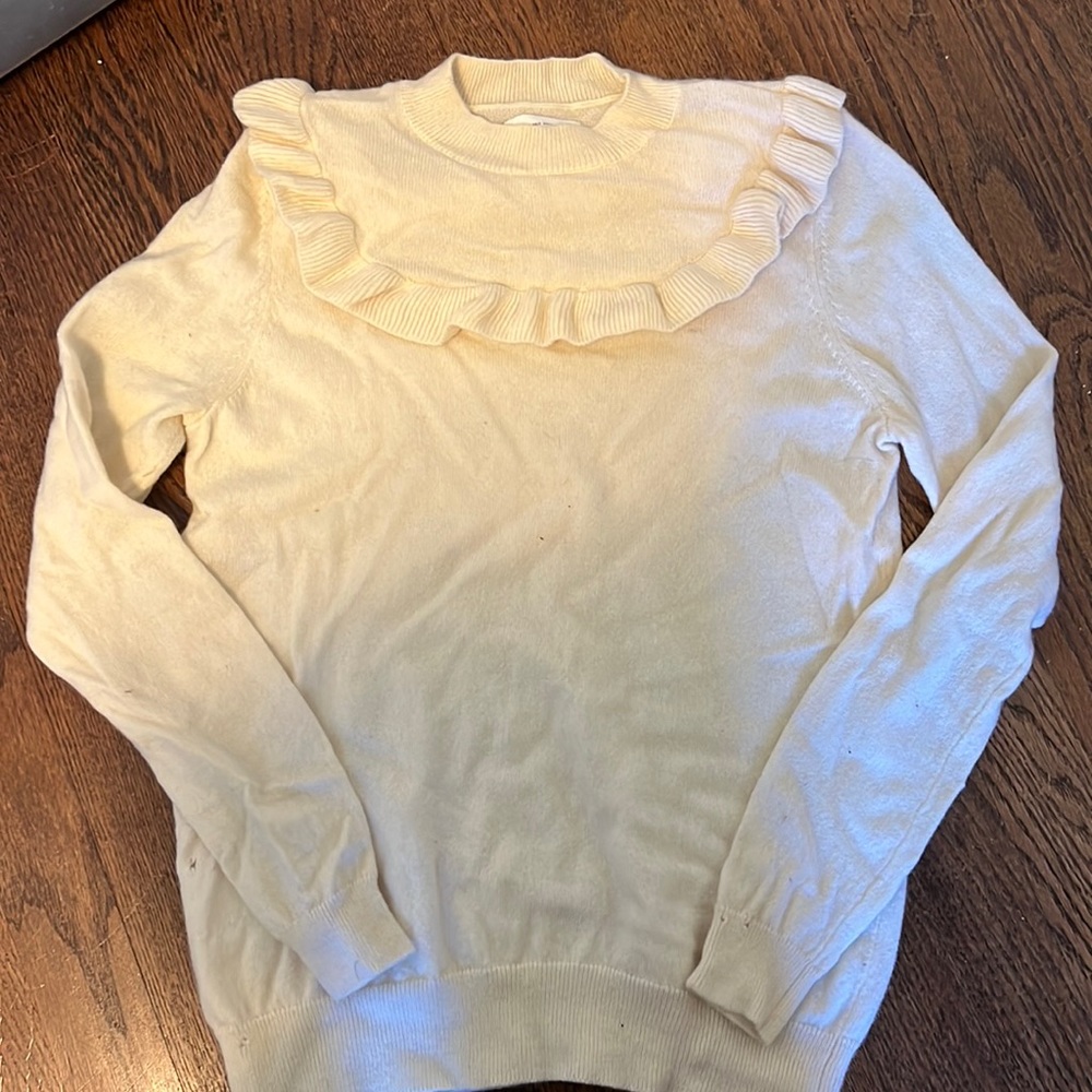 SEZANE WOOL CASHMERE CREW NECK SWEATER CREAM SMALL RUFFLE NECK LINE